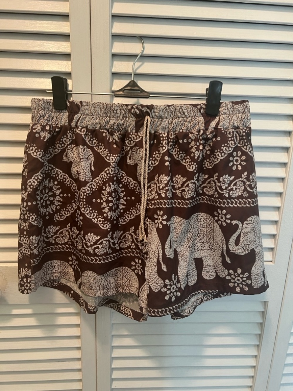 #1808: Brown Elephant Print Drawstring Women’s Shorts - Picture 1 of 9